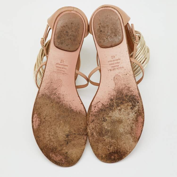 Pre Owned Aquazzura Beige/Gold leather T-Strap Ankle Cuff Flats Size 40