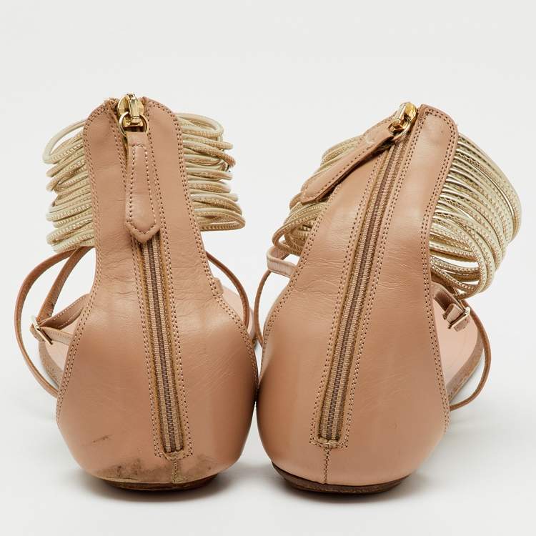 Pre Owned Aquazzura Beige/Gold leather T-Strap Ankle Cuff Flats Size 40