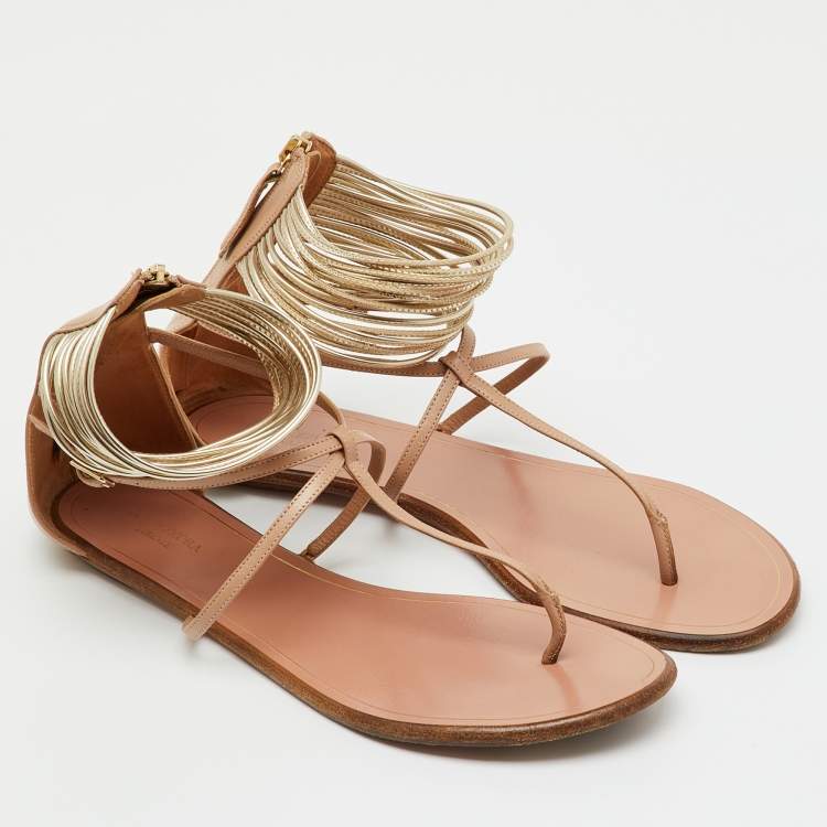 Pre Owned Aquazzura Beige/Gold leather T-Strap Ankle Cuff Flats Size 40