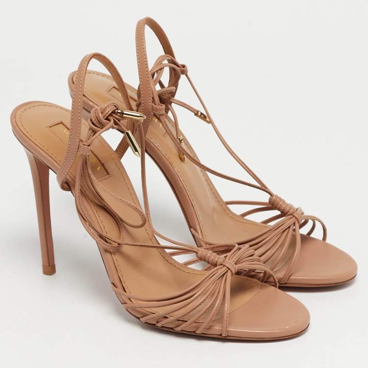 Pre Owned Aquazzura Beige Leather Whisper Ankle Wrap Sandals Size 36.5