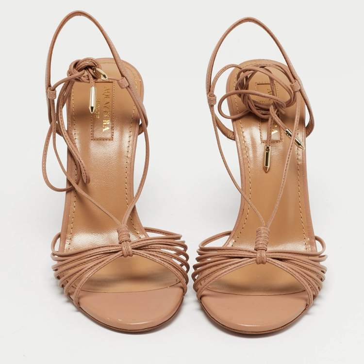 Pre Owned Aquazzura Beige Leather Whisper Ankle Wrap Sandals Size 36.5