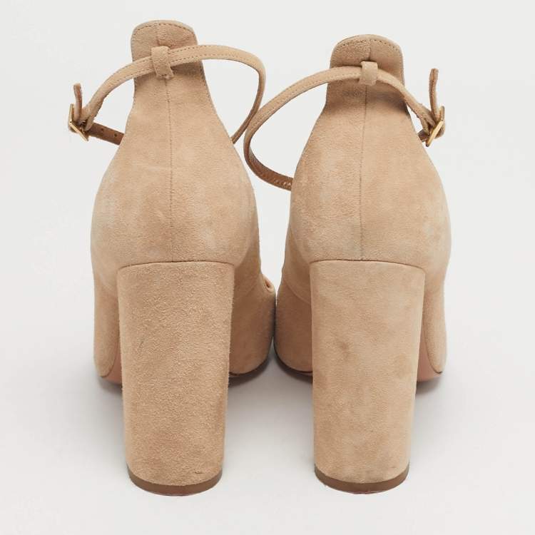 Pre Owned Aquazzura Beige Suede Alix Ankle Strap Pumps Size 38.5