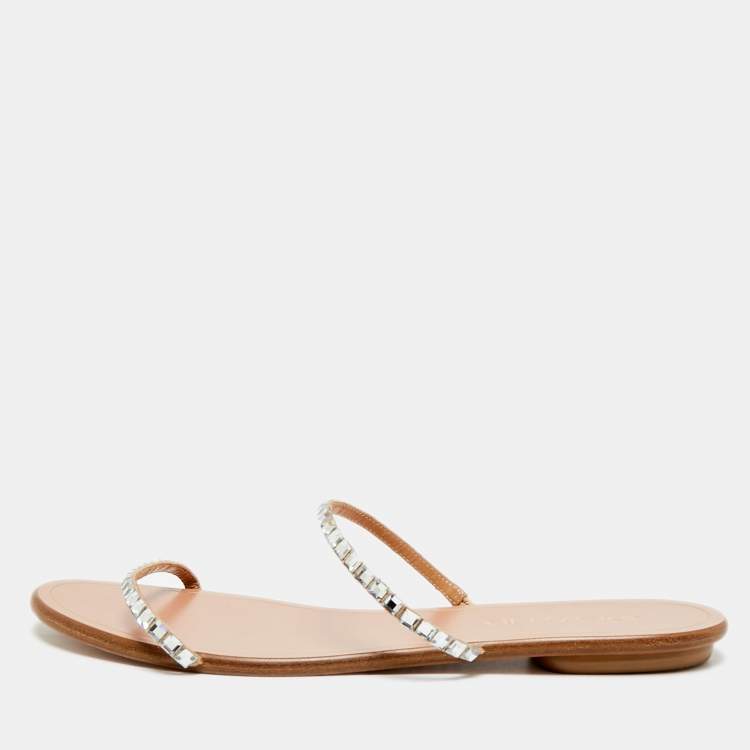 Pre Owned Aquazzura Size 40 Beige Suede Crystal Embellished Strappy Flat Slide