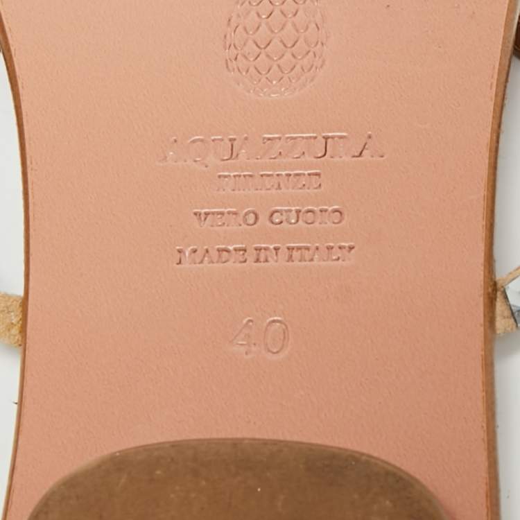 Pre Owned Aquazzura Size 40 Beige Suede Crystal Embellished Strappy Flat Slide