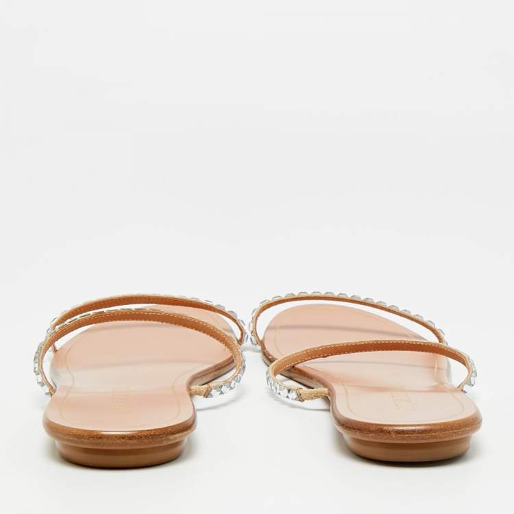 Pre Owned Aquazzura Size 40 Beige Suede Crystal Embellished Strappy Flat Slide