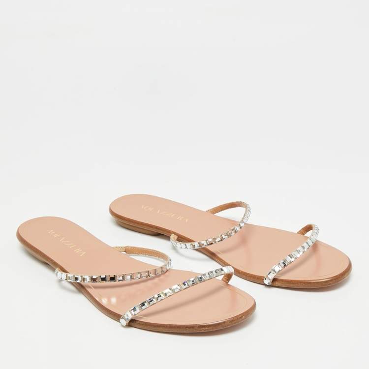 Pre Owned Aquazzura Size 40 Beige Suede Crystal Embellished Strappy Flat Slide