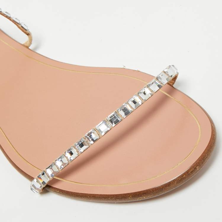 Pre Owned Aquazzura Size 40 Beige Suede Crystal Embellished Strappy Flat Slide