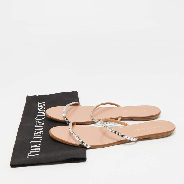 Pre Owned Aquazzura Size 40 Beige Suede Crystal Embellished Strappy Flat Slide