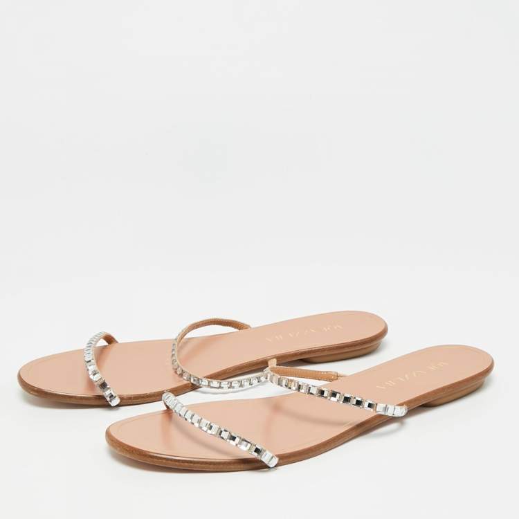 Pre Owned Aquazzura Size 40 Beige Suede Crystal Embellished Strappy Flat Slide