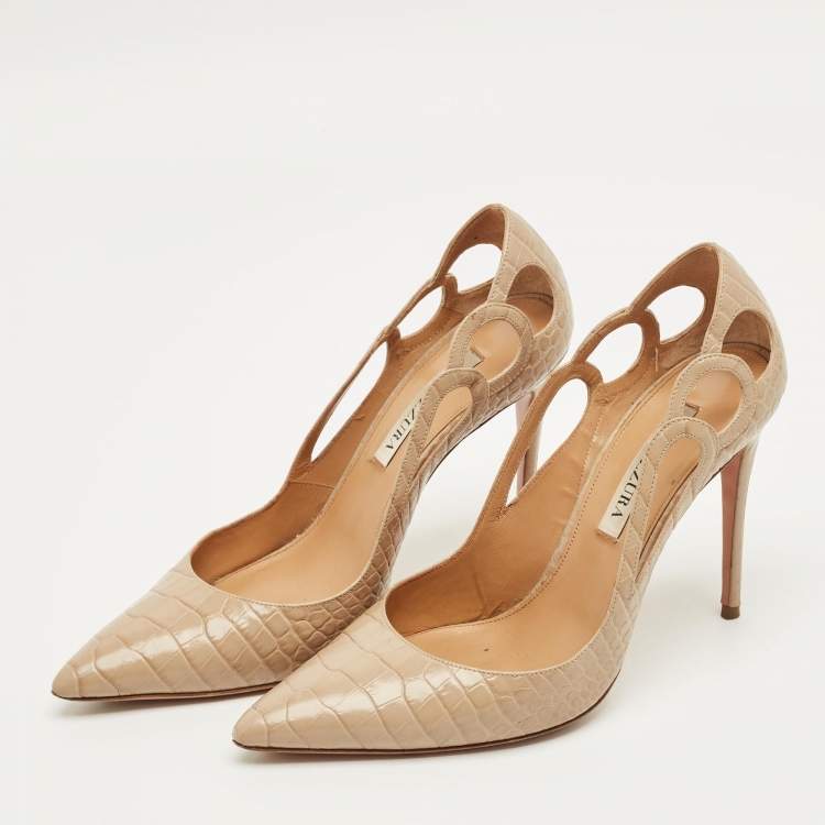 Pre Owned Aquazzura Fenix Size 38 Beige Croc Embossed Cut-Out Leather Pumps