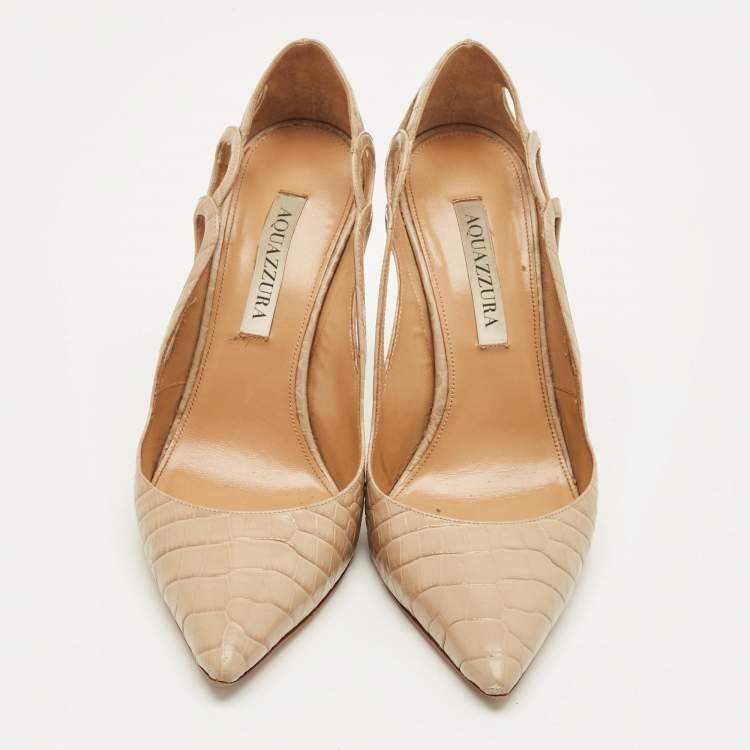 Pre Owned Aquazzura Fenix Size 38 Beige Croc Embossed Cut-Out Leather Pumps