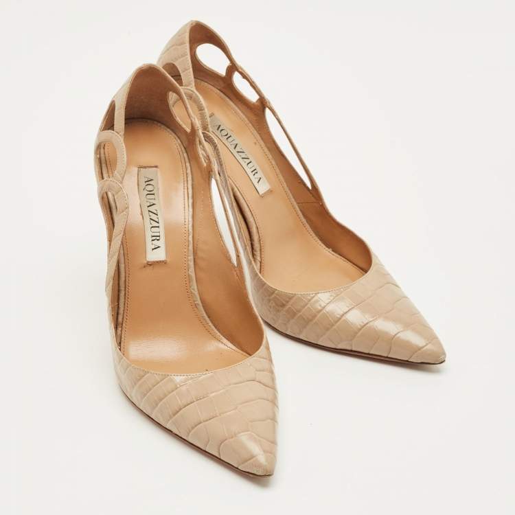 Pre Owned Aquazzura Fenix Size 38 Beige Croc Embossed Cut-Out Leather Pumps