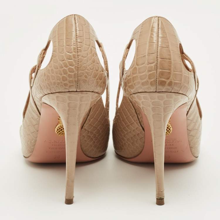 Pre Owned Aquazzura Fenix Size 38 Beige Croc Embossed Cut-Out Leather Pumps