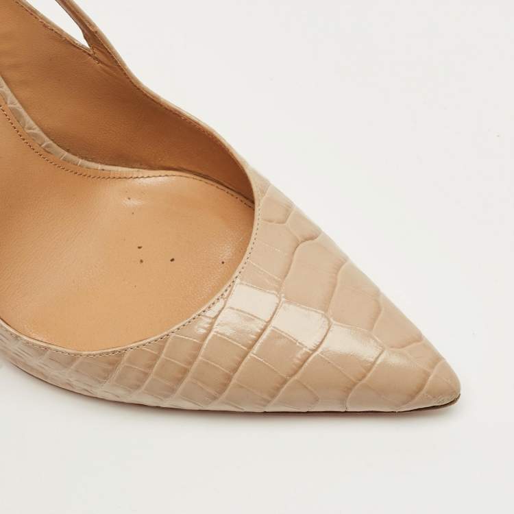 Pre Owned Aquazzura Fenix Size 38 Beige Croc Embossed Cut-Out Leather Pumps