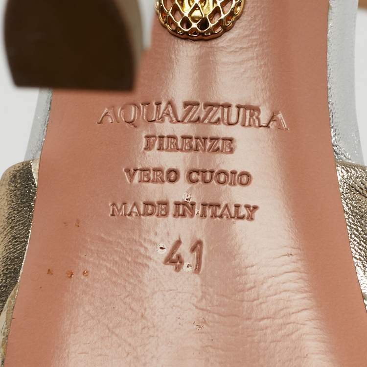 Pre Owned Aquazzura La Di Da Size 41 Silver Leather and Snakeskin Embossed Platform Sandals