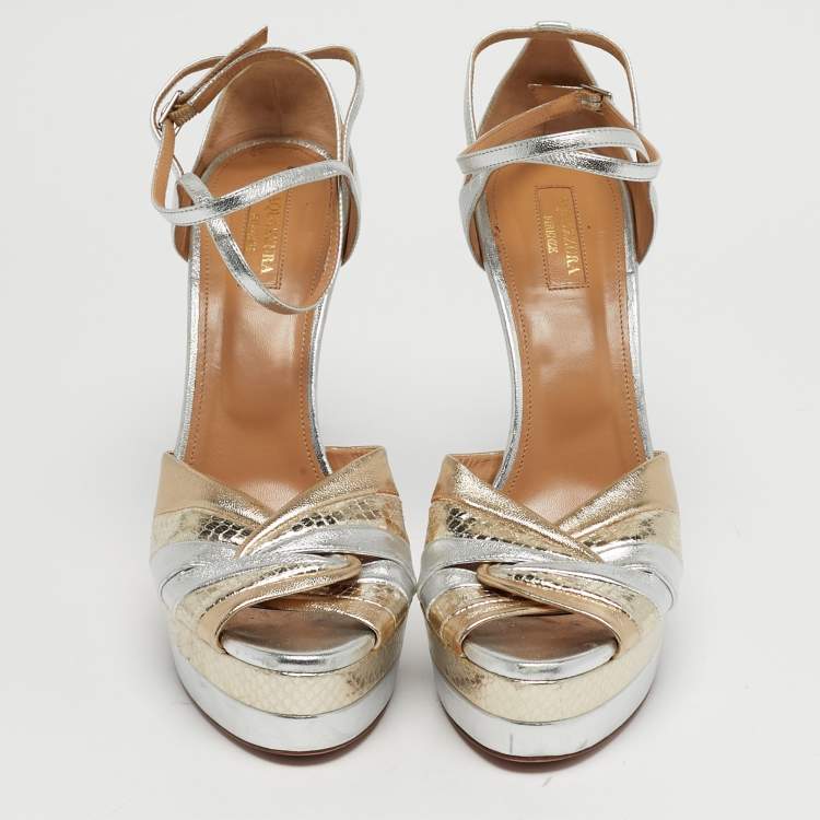 Pre Owned Aquazzura La Di Da Size 41 Silver Leather and Snakeskin Embossed Platform Sandals