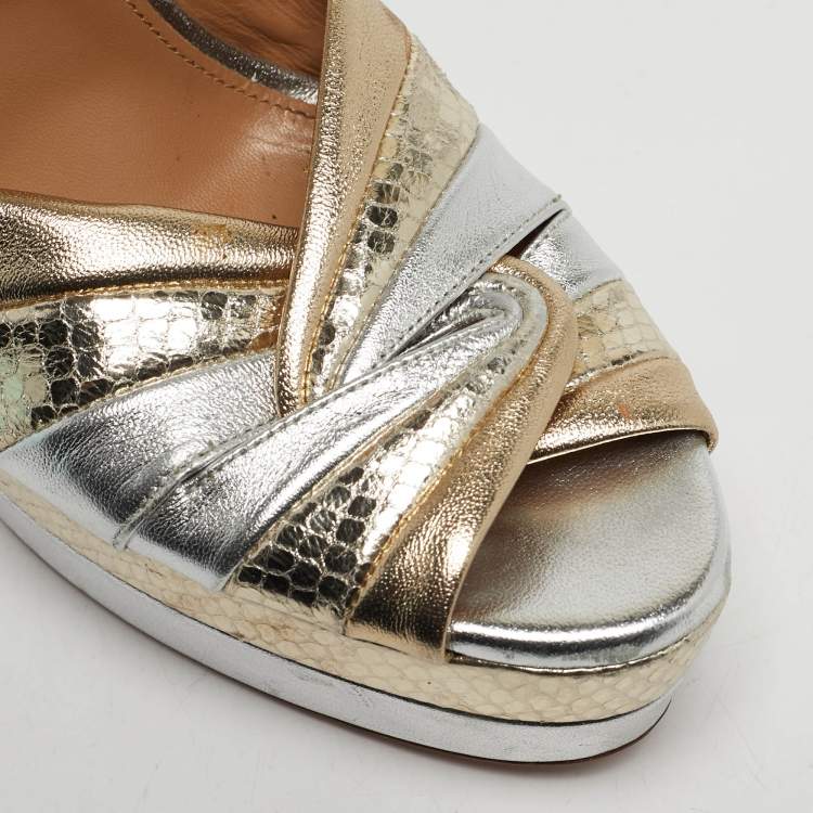 Pre Owned Aquazzura La Di Da Size 41 Silver Leather and Snakeskin Embossed Platform Sandals