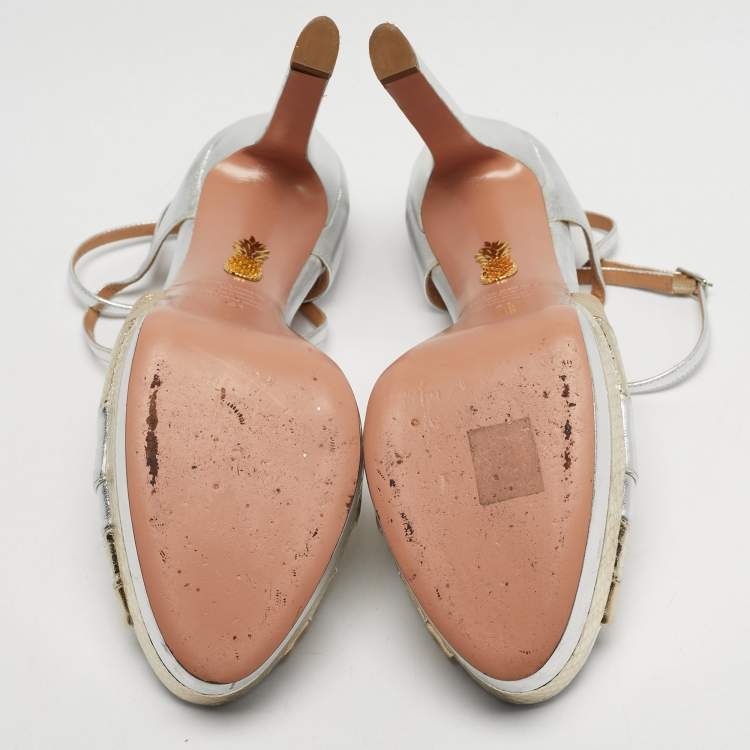 Pre Owned Aquazzura La Di Da Size 41 Silver Leather and Snakeskin Embossed Platform Sandals