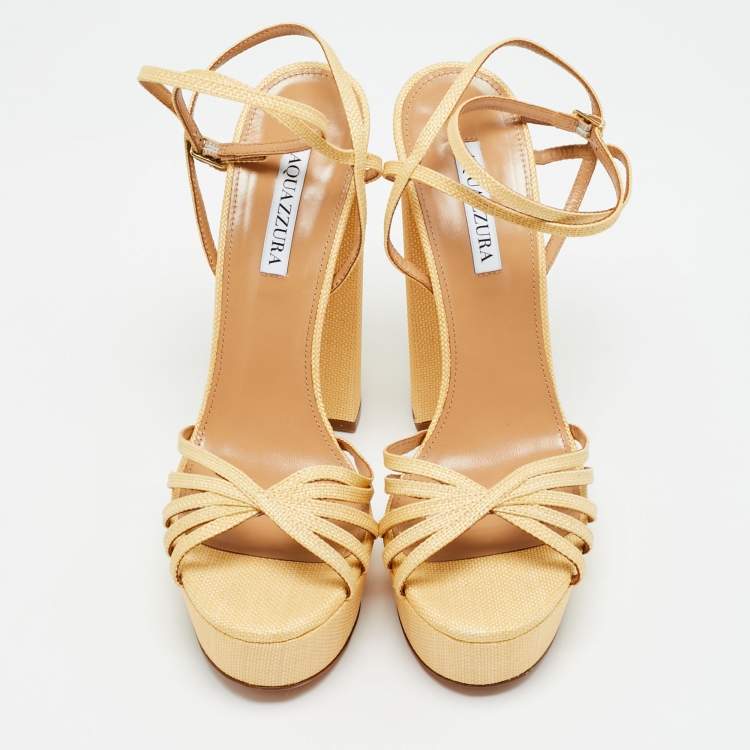 مملوكة مسبقًا Aquazzura Size 42 Yellow Straw Platform Ankle Strap Sandals