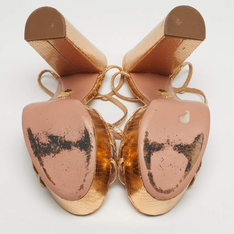 Pre Owned Aquazzura Austin Plateau Size 41 Gold Python Embossed Leather Platform Sandals