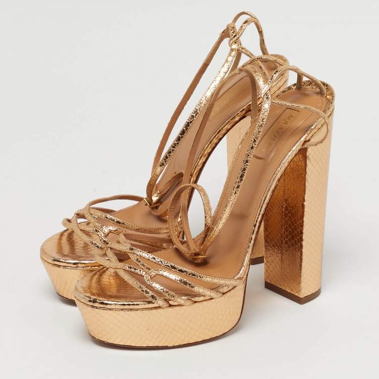 Pre Owned Aquazzura Austin Plateau Size 41 Gold Python Embossed Leather Platform Sandals