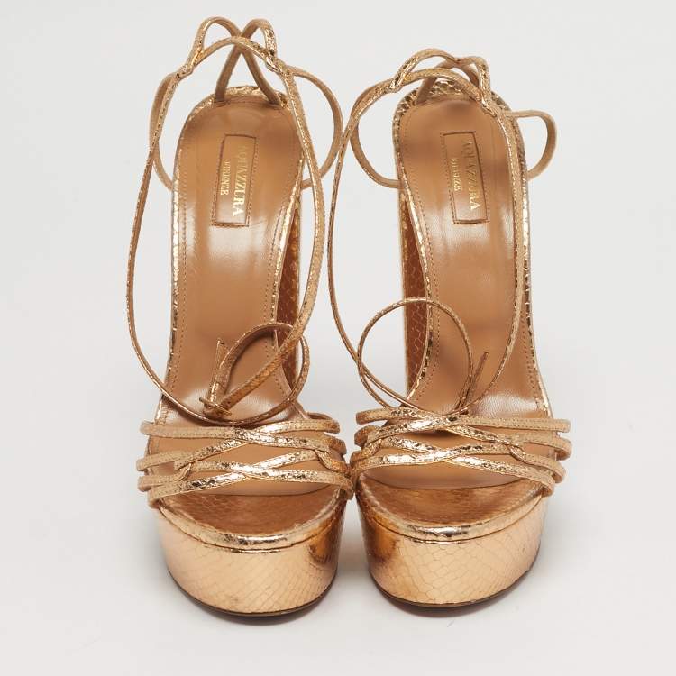 Pre Owned Aquazzura Austin Plateau Size 41 Gold Python Embossed Leather Platform Sandals