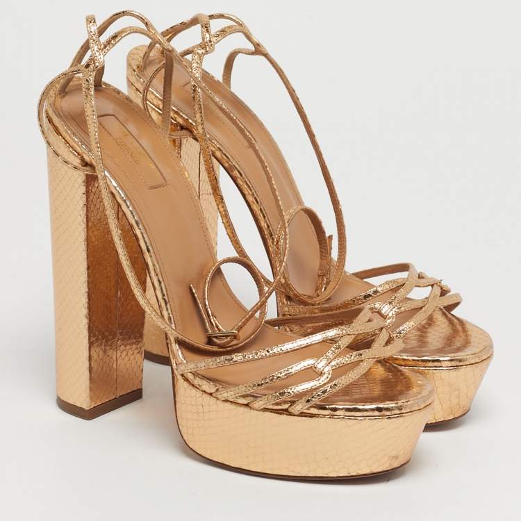Pre Owned Aquazzura Austin Plateau Size 41 Gold Python Embossed Leather Platform Sandals
