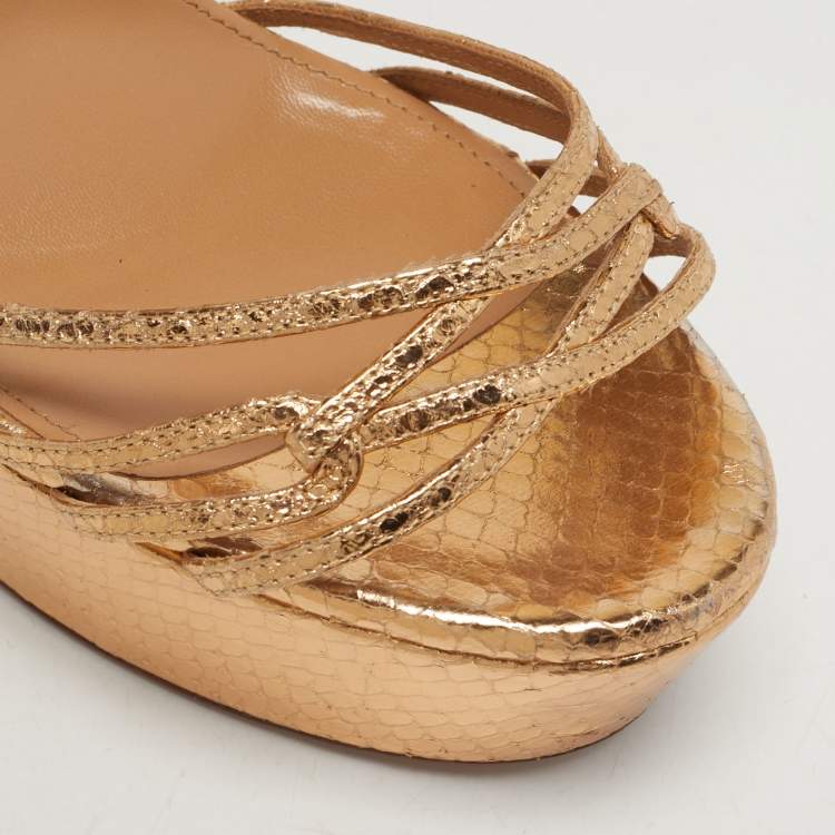 Pre Owned Aquazzura Austin Plateau Size 41 Gold Python Embossed Leather Platform Sandals