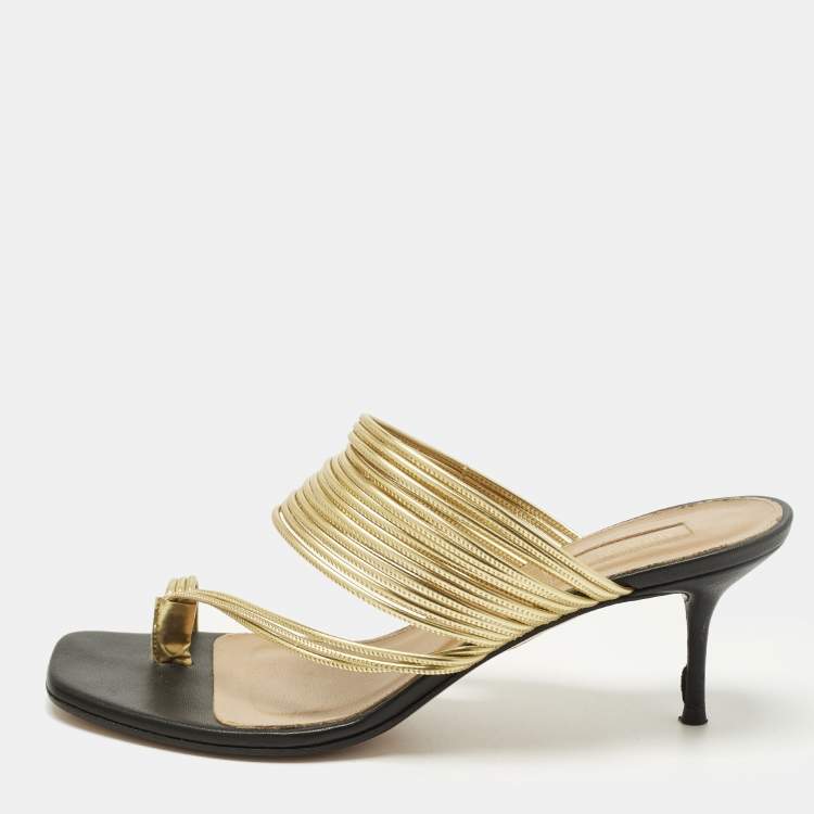 Pre Owned Aquazzura Rendez Vous Size 39 Black/Gold Leather Slide Sandals