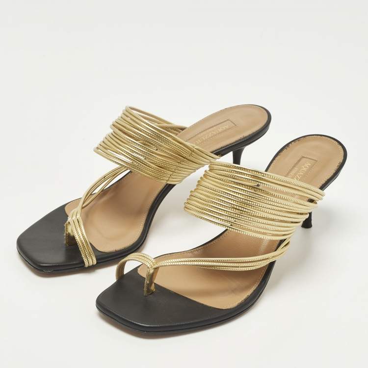 Pre Owned Aquazzura Rendez Vous Size 39 Black/Gold Leather Slide Sandals