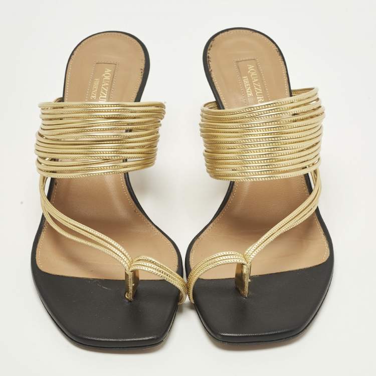 Pre Owned Aquazzura Rendez Vous Size 39 Black/Gold Leather Slide Sandals