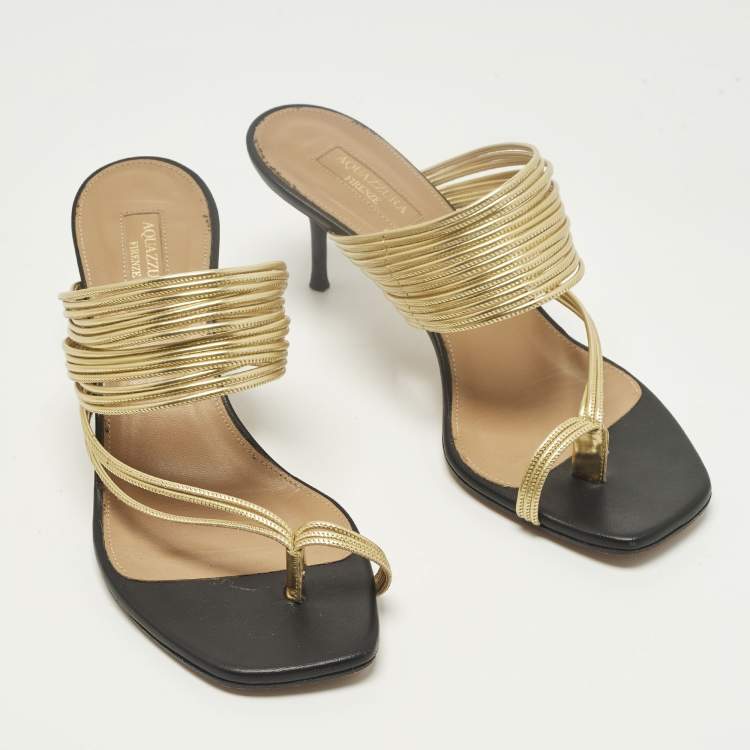 Pre Owned Aquazzura Rendez Vous Size 39 Black/Gold Leather Slide Sandals