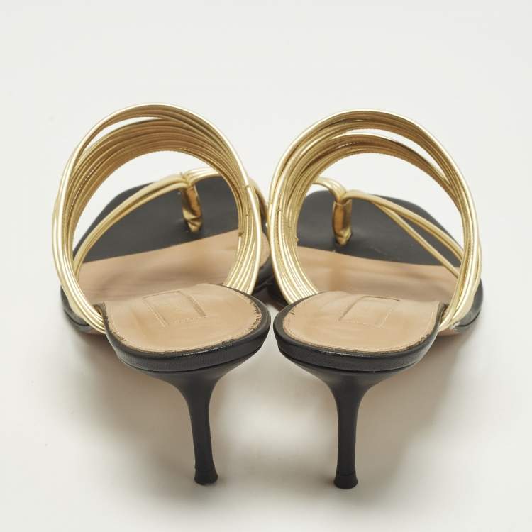 Pre Owned Aquazzura Rendez Vous Size 39 Black/Gold Leather Slide Sandals
