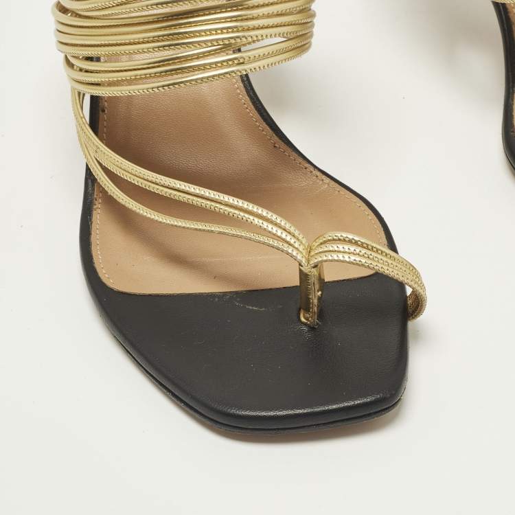 Pre Owned Aquazzura Rendez Vous Size 39 Black/Gold Leather Slide Sandals