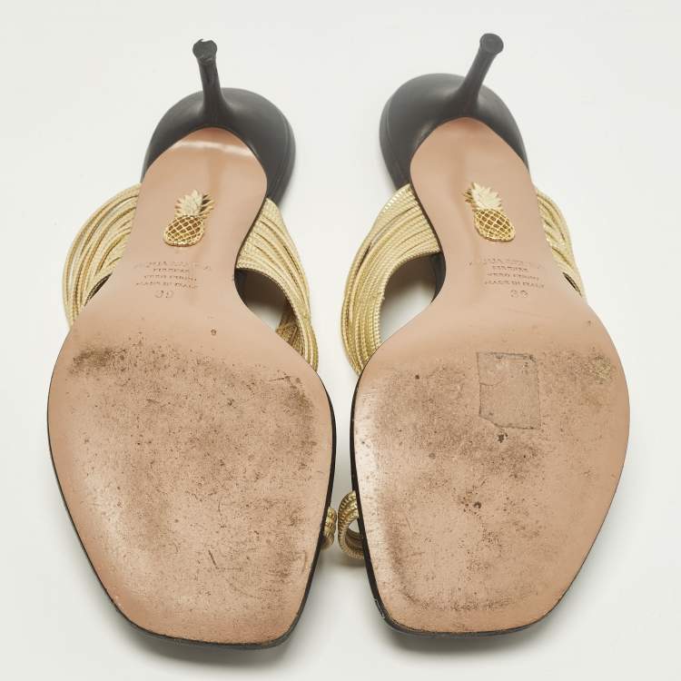 Pre Owned Aquazzura Rendez Vous Size 39 Black/Gold Leather Slide Sandals