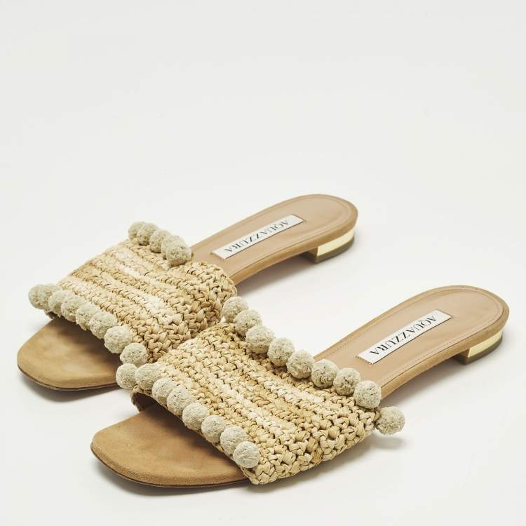 Pre Owned Aquazzura Size 37 Beige Straw  Pom-Pom Embellishments Flat Slide