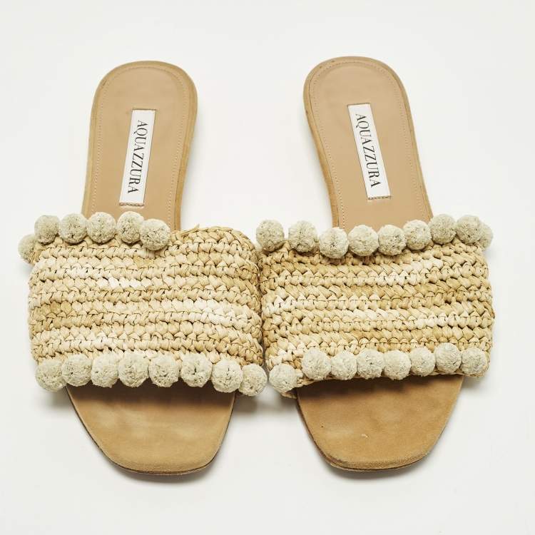 Pre Owned Aquazzura Size 37 Beige Straw  Pom-Pom Embellishments Flat Slide