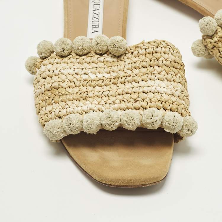 Pre Owned Aquazzura Size 37 Beige Straw  Pom-Pom Embellishments Flat Slide