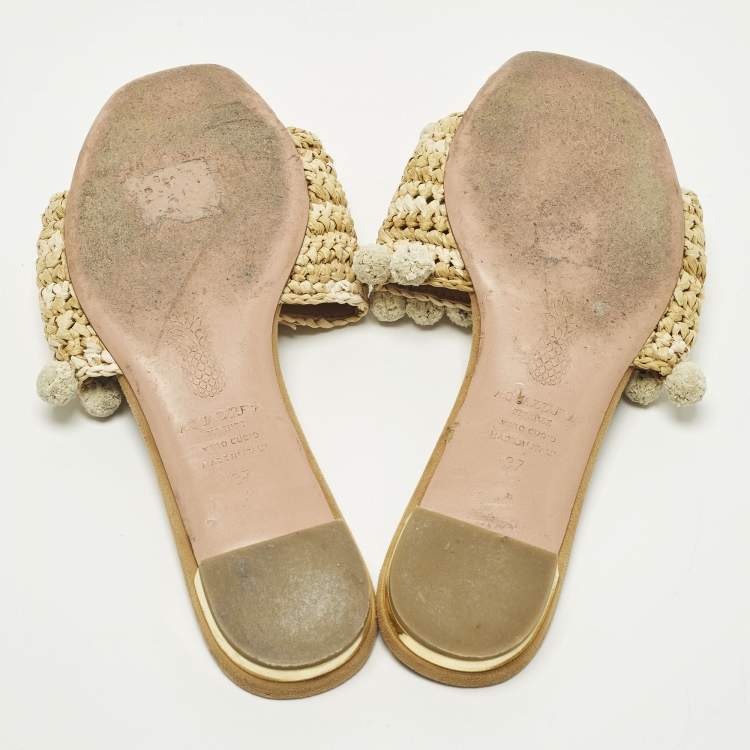 Pre Owned Aquazzura Size 37 Beige Straw  Pom-Pom Embellishments Flat Slide