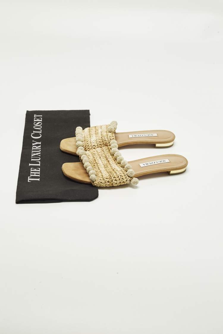 Pre Owned Aquazzura Size 37 Beige Straw  Pom-Pom Embellishments Flat Slide