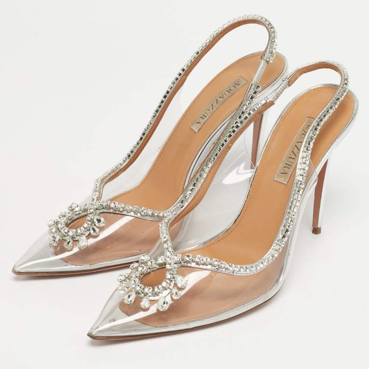 Pre Owned Aquazzura Seduction Size 41 Transparent PVC and Leather Crystal Embellished Slingback Pumps