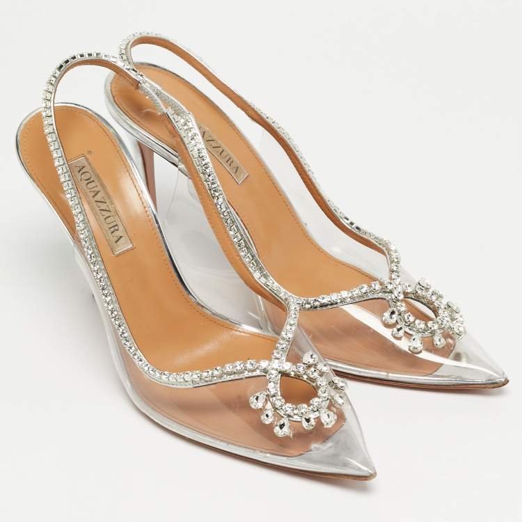 Pre Owned Aquazzura Seduction Size 41 Transparent PVC and Leather Crystal Embellished Slingback Pumps