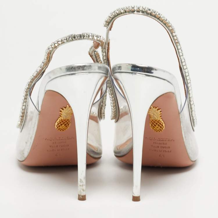 Pre Owned Aquazzura Seduction Size 41 Transparent PVC and Leather Crystal Embellished Slingback Pumps