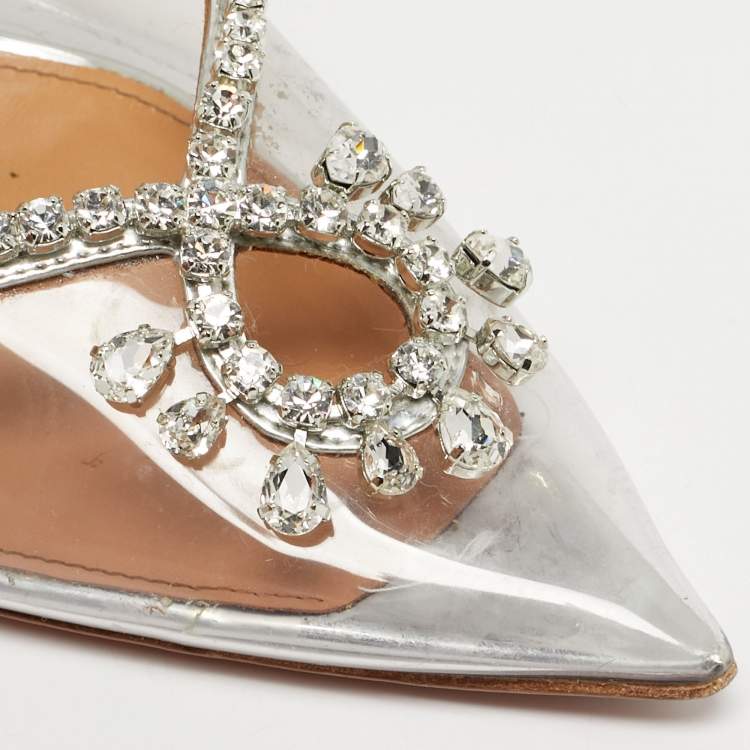 Pre Owned Aquazzura Seduction Size 41 Transparent PVC and Leather Crystal Embellished Slingback Pumps
