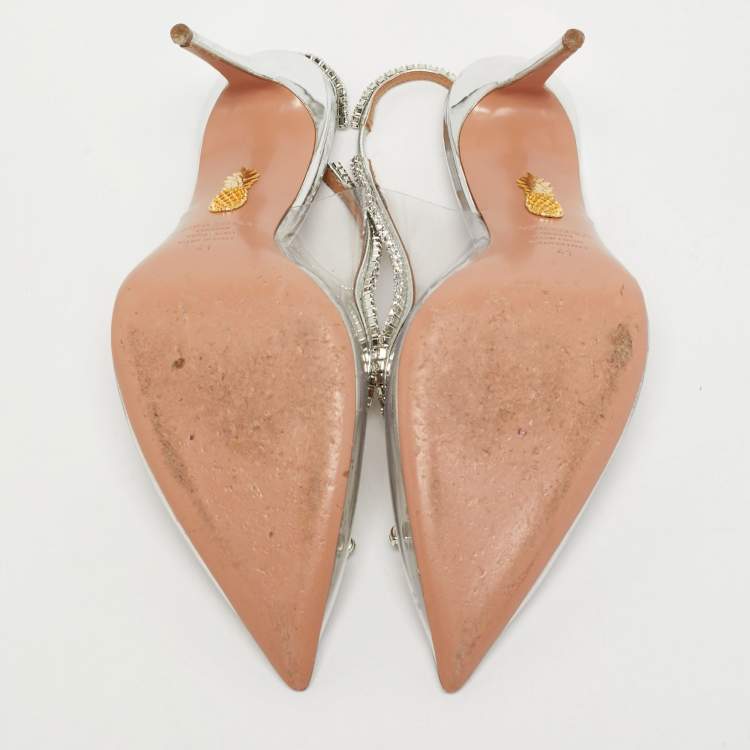 Pre Owned Aquazzura Seduction Size 41 Transparent PVC and Leather Crystal Embellished Slingback Pumps
