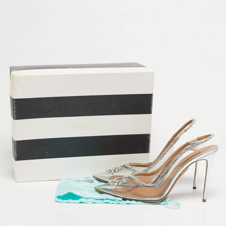 Pre Owned Aquazzura Seduction Size 41 Transparent PVC and Leather Crystal Embellished Slingback Pumps