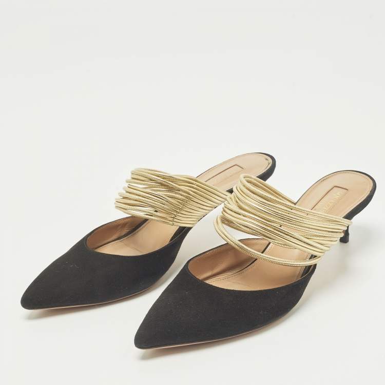 Pre Owned Aquazzura Rendez Vous Size 36.5 Black/Gold Leather and Suede Mules