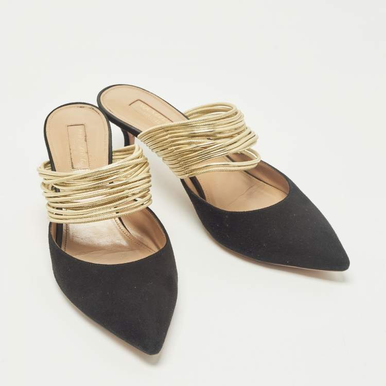 Pre Owned Aquazzura Rendez Vous Size 36.5 Black/Gold Leather and Suede Mules