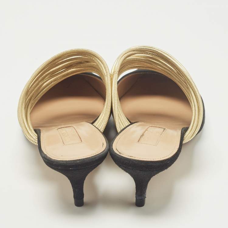 Pre Owned Aquazzura Rendez Vous Size 36.5 Black/Gold Leather and Suede Mules