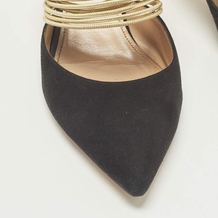 Pre Owned Aquazzura Rendez Vous Size 36.5 Black/Gold Leather and Suede Mules
